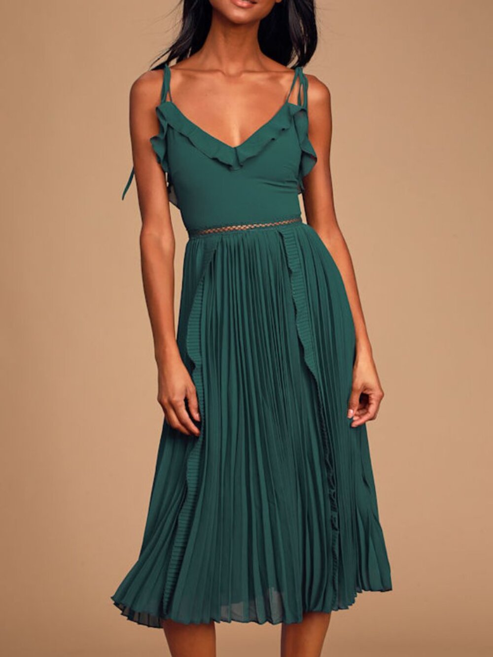 Lulus Emerald Green Tie-strap Pleated Midi Dress - Size XS